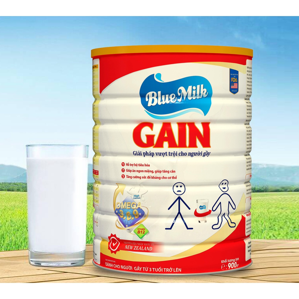 Sữa Blue milk Gain 900g, sữa tăng cân, phù hợp với người gầy từ 3 tuổi trở lên,2 lon tặng kèm 1 quả bóng da Kun