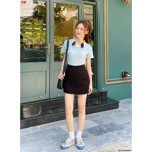 Áo croptop nữ FM Style tay ngắn cổ tròn phối viền chất thun nhăn mềm mịn thời trang ulzzang 207090003