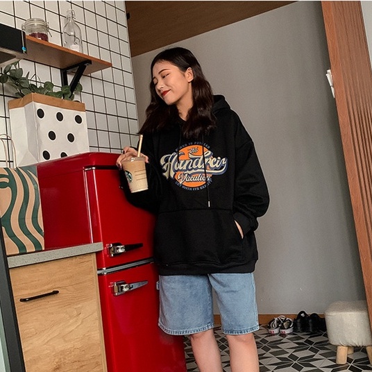 Áo Hoodies Tay Dài Hoạ Tiết Chữ In Thiết Kế Dáng Rộng Thoải Mái
