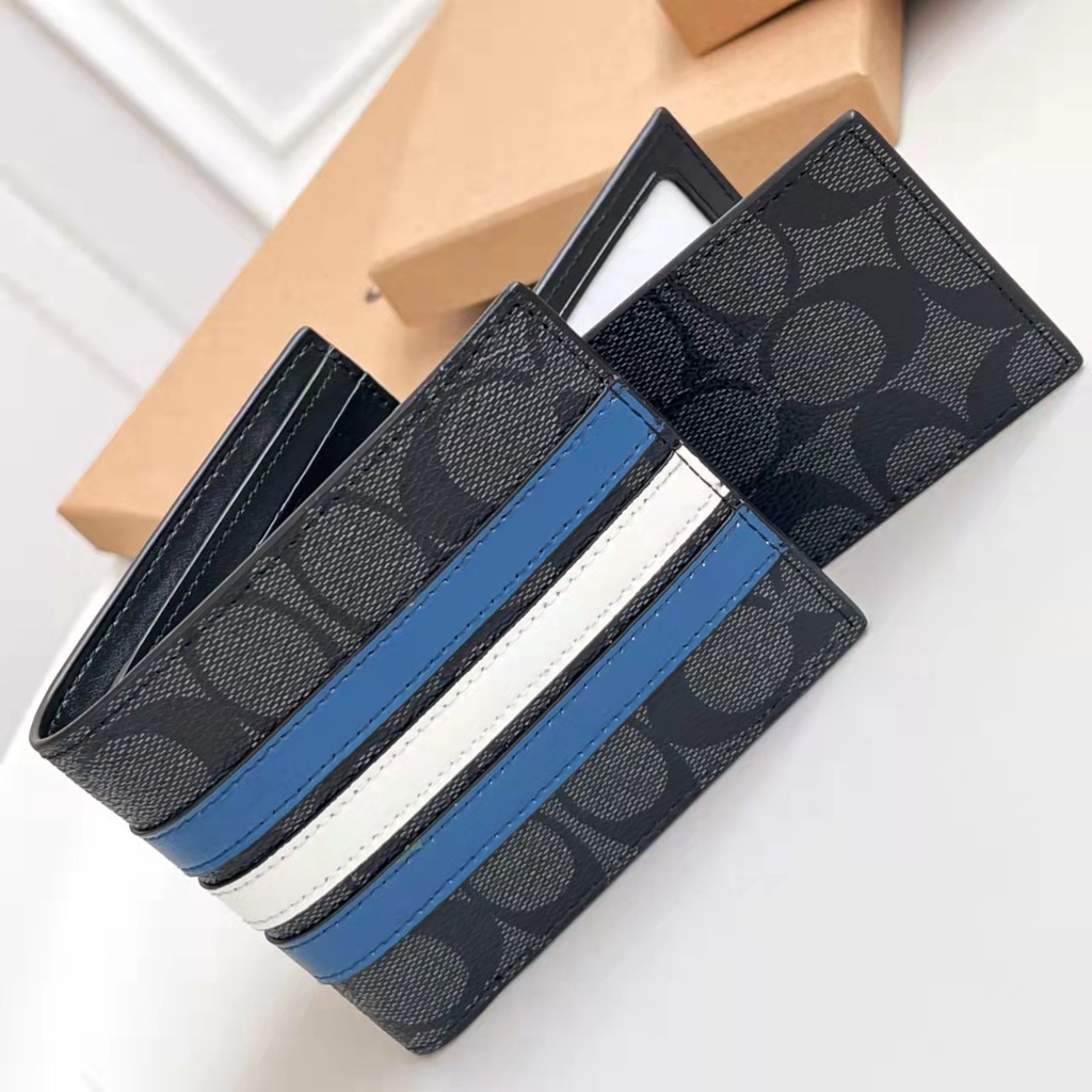 COACH Ví Da Ngắn Kẻ Sọc Có Ngăn Đựng Thẻ Thời Trang Cho Nam 26072