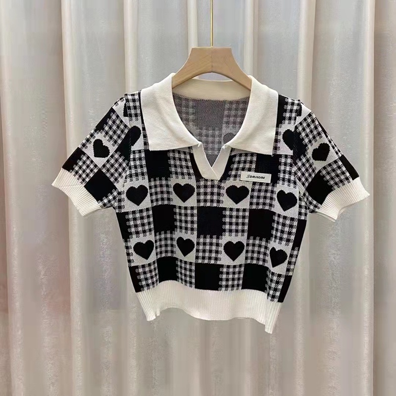 Áo polo SUXI dệt kim tay ngắn họa tiết sọc caro thời trang mùa hè cho nữ