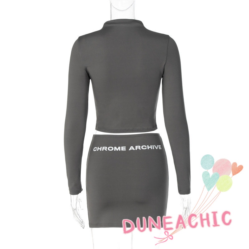 DUNEA Set Áo Thun Lửng Tay Dài In Chữ + Chân Váy Mini 2 Dây Thời Trang Cho Nữ