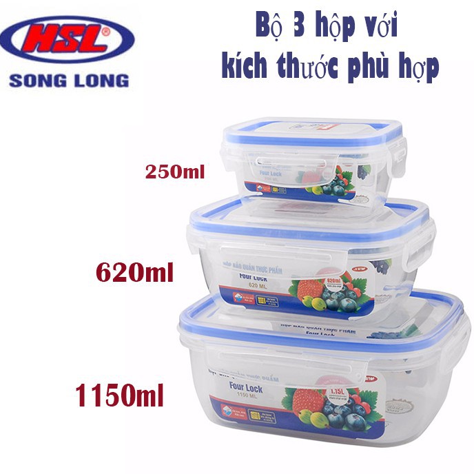 Combo 6 Set 3 hộp trữ đồ đông lạnh - hộp nhựa Song Long chất liệu nhựa an toàn cho sức khỏe (MS: 2508)