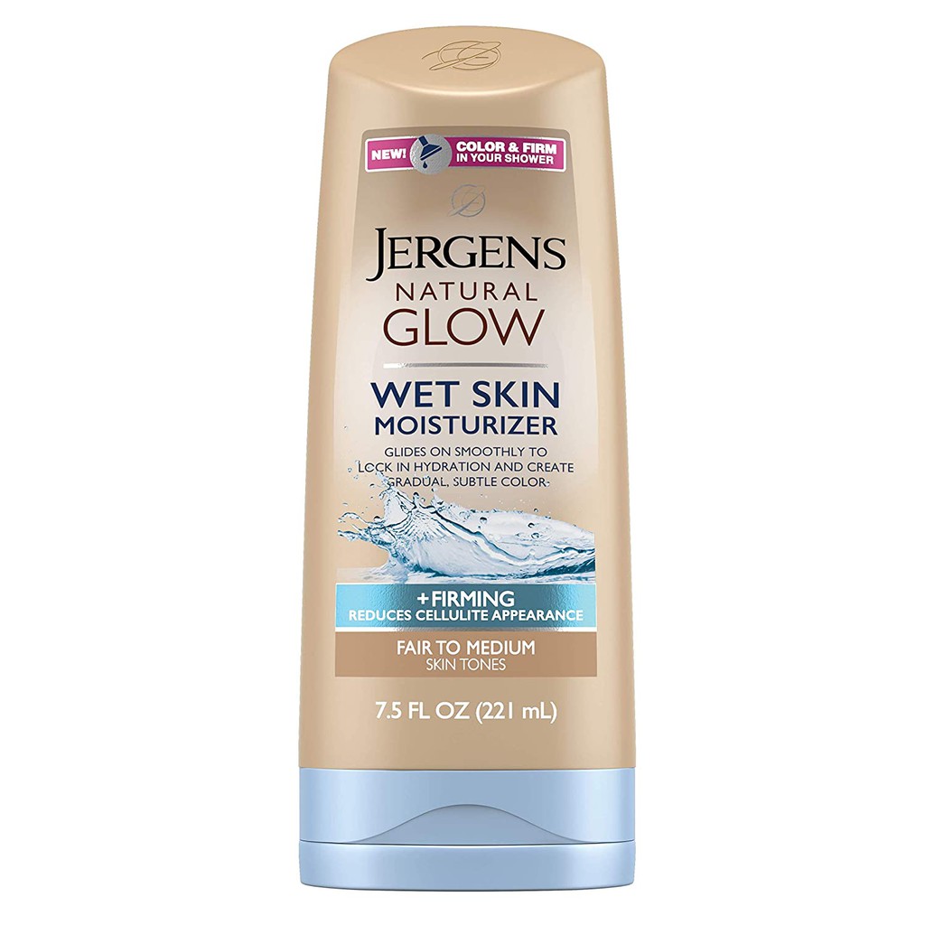 Dưỡng Thể dùng cho da ẩm ướt &amp; giúp săn và nâu da Jergens Natural Glow Wet Skin Moisturizer + Firming 221ml (Mỹ)