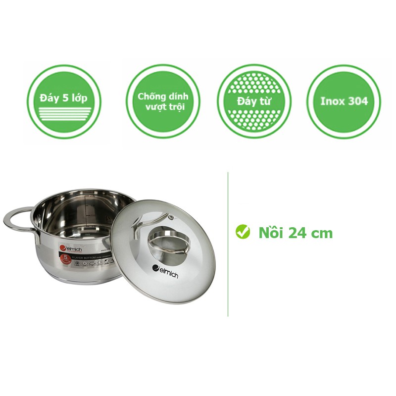 Nồi Inox celestine Elmich inox 304 5 đáy EL-5275 / EL-5276 / EL-5277 / EL-5278 /18-20-22-24cm