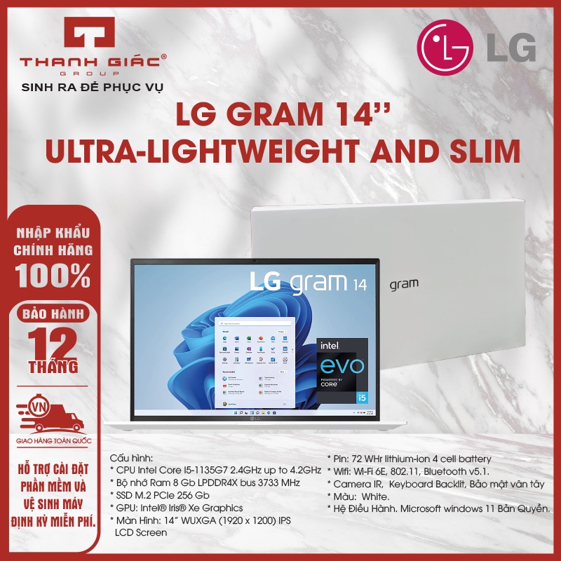 LG Gram 14&quot; Ultra-Lightweight 999gram 11th Intel Core i5 1135G7 Ram 8GB SSD 256GB White
