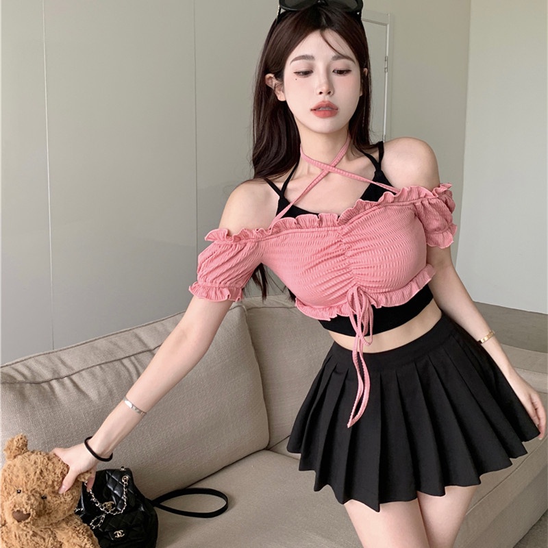 Áo Nữ Trễ Vai Tay Ngắn Phối Màu Thời Trang