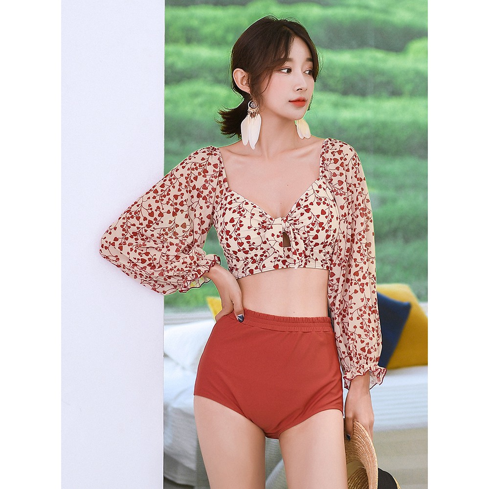 Bộ đồ bơi dài tay lưng cao họa tiết hoa phong cách Hàn quốc