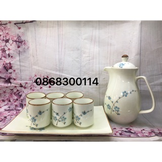 Bộ bình cốc Bát Tràng vẽ hoa đào xanh