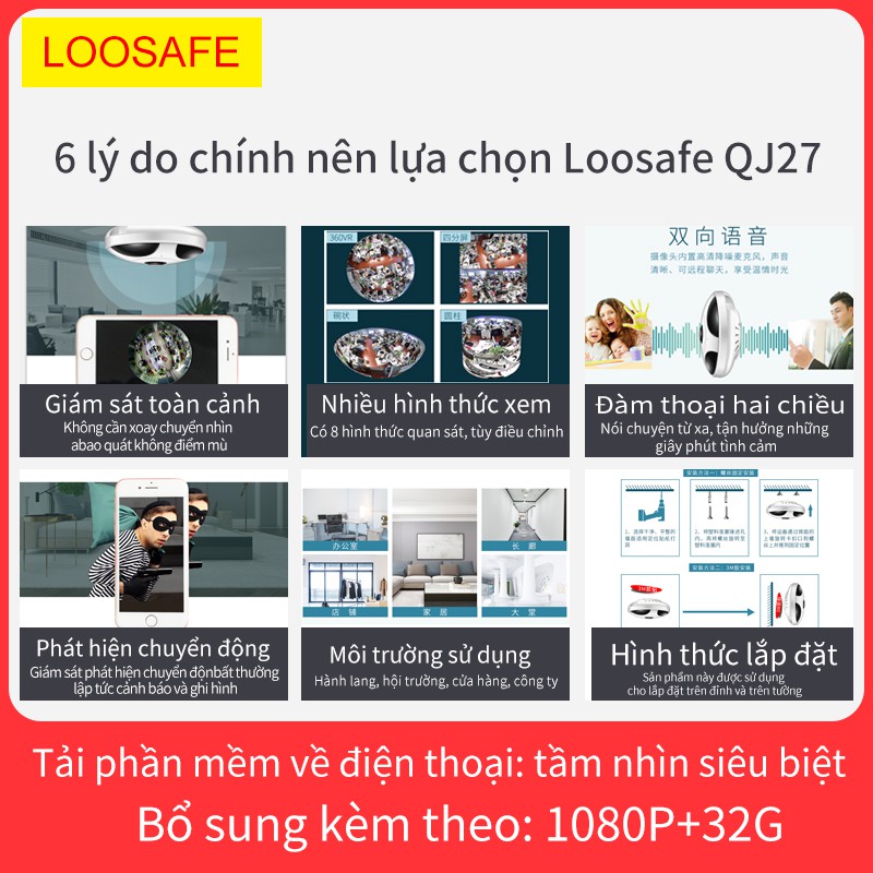 Camera WiFi toàn cảnh 360 độ, góc nhìn rộng, giám sát từ xa trên điện thoại di động có kết nối WiFi | BigBuy360 - bigbuy360.vn