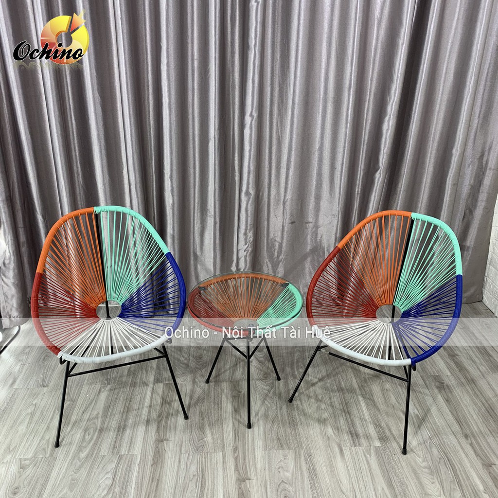 Bộ bàn ghế ban công ngoài trời  gồm bàn cafe và 2 ghế mây nhựa khung kim loại trang trí sang trọng (Có Sẵn)