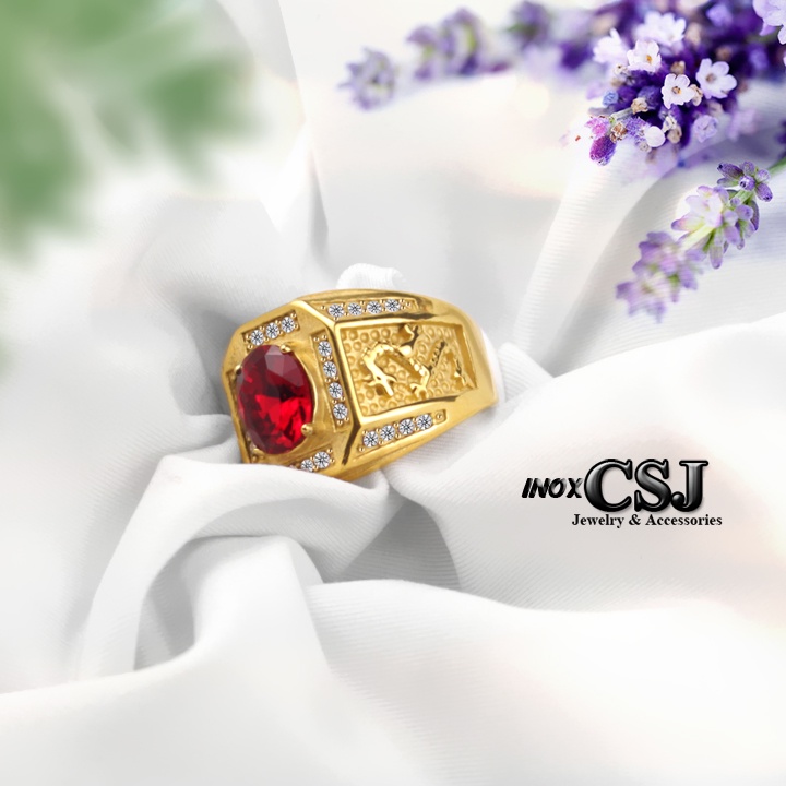 Nhẫn inox nam mạ vàng 24k đính đá phong thủy theo tuổi, màu đỏ, đen, xanh dương, xanh lá