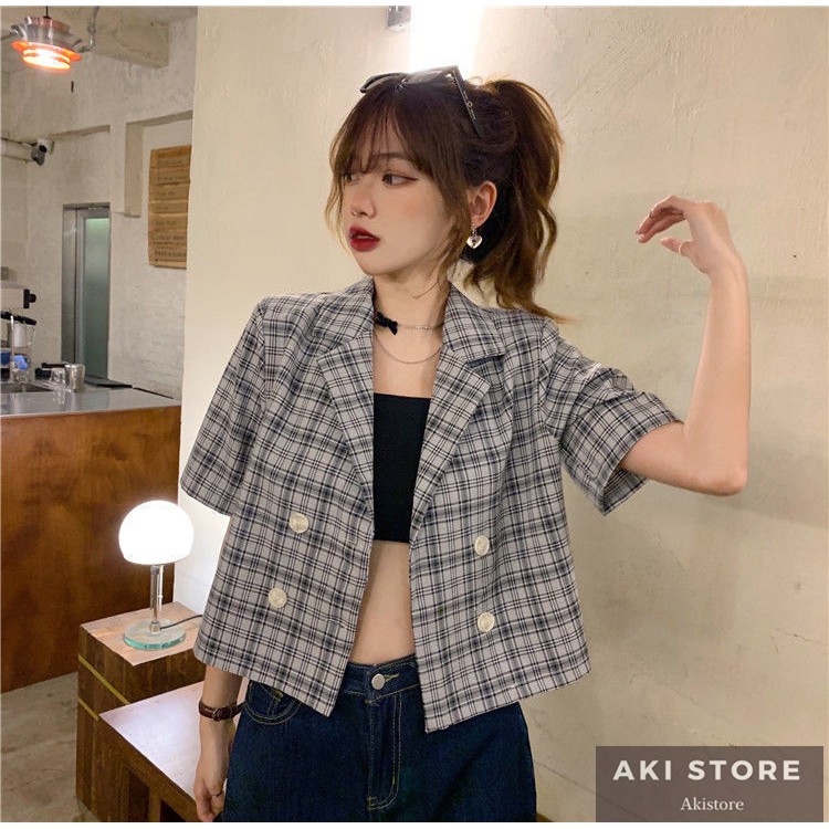 Áo Khoác Blazer Tay Ngắn Dáng Rộng Họa Tiết Sọc Caro Thời Trang Mùa Hè Phong Cách Hàn Quốc 2021 | BigBuy360 - bigbuy360.vn