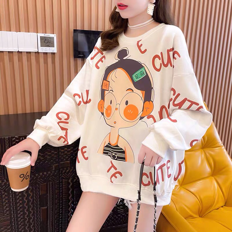[ Giá Xưởng] Áo Sweater Thun Nỉ Trắng Hình Cô Bé Dáng Rộng Dài Tay Họa Tiết CUTE dưới 67kg G053, chất cực đẹp | BigBuy360 - bigbuy360.vn