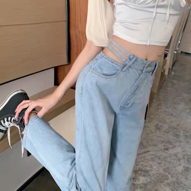 Quần Jeans Ống Suông Xẻ Sọc Eo Tôn Dáng ✨