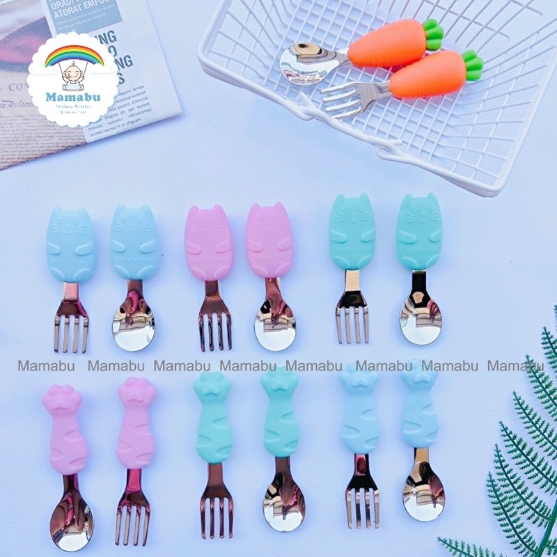 Set Thìa Dĩa Tập Xúc Tập Ăn Cho Bé Hình Cà Rốt, Chân Mèo Đáng Yêu Chất Liệu Inox 304 An Toàn Mamabu