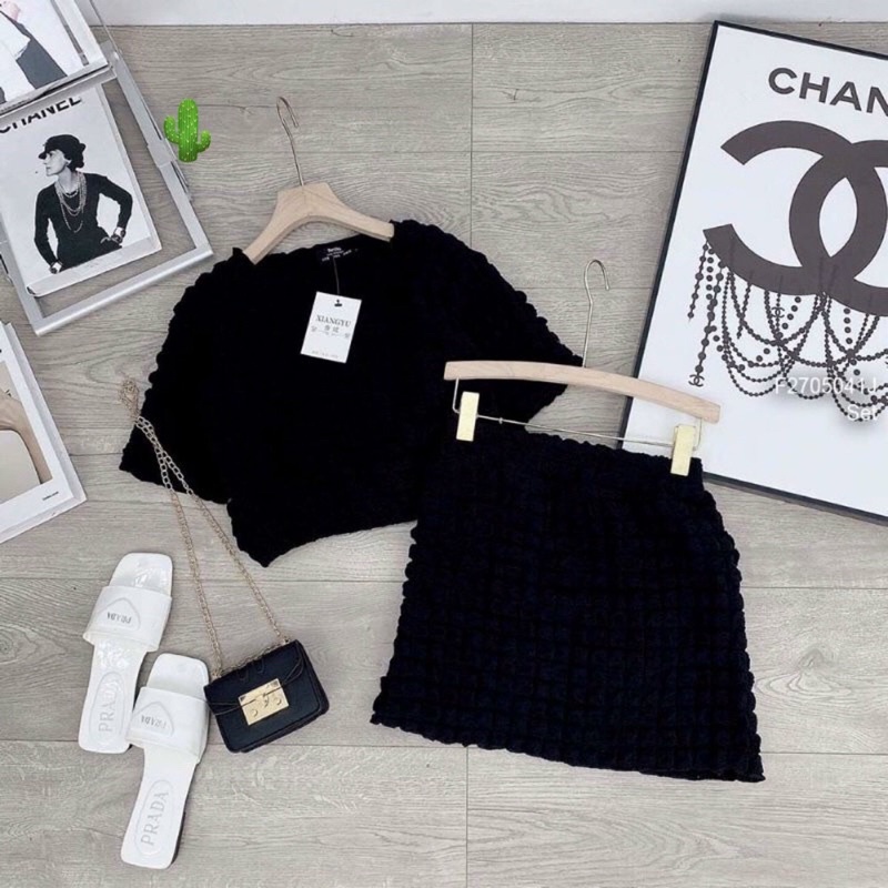 Set đầm vải xốp, Set Bộ Áo Croptop Tay Ngắn Chân Váy Chất Liệu Vải Xốp Cao Cấp Nhiều Màu Đẹp Quyến Rũ alohaP8877