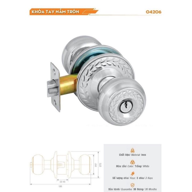 Ổ Khoá Tay Nắm Tròn VIỆT TIỆP 04206 ( khoá đấm ) INOX 304 màu trắng hoa văn