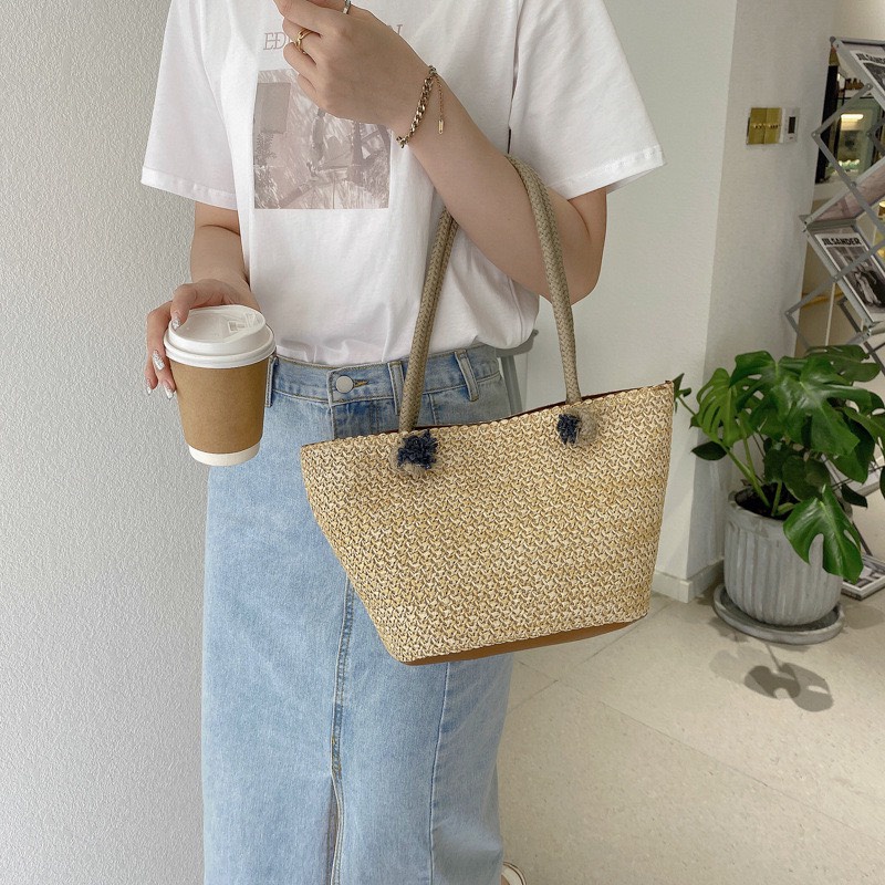 Túi Xách Nữ Túi Cói Đi Đeo Vai Trơn , Viền Hoa Phù Hợp Đi Biển Phong Cách Trẻ Trung