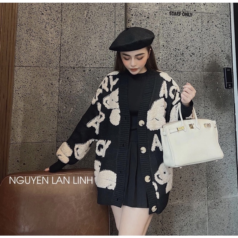 Áo Cardigan Khoác Len Đen Hoạ Tiết Gấu Vàng Lông Xù