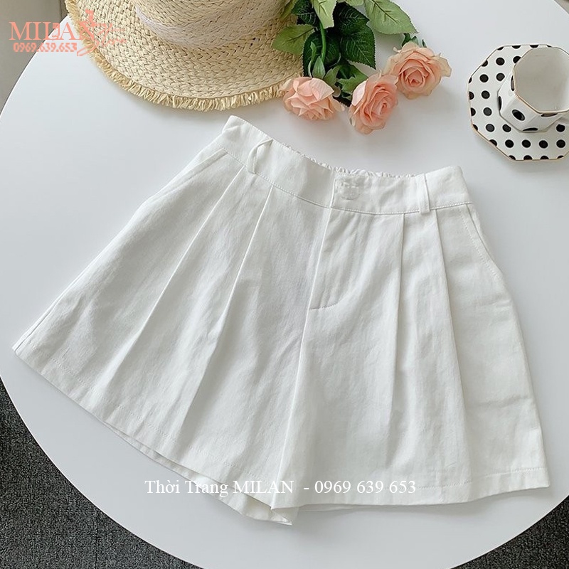Quần đùi nữ mặc nhà cạp chun lưng cao khóa thật kiểu quần short nữ bigsize giả váy vải đũi xước đi biển công sở thể thao