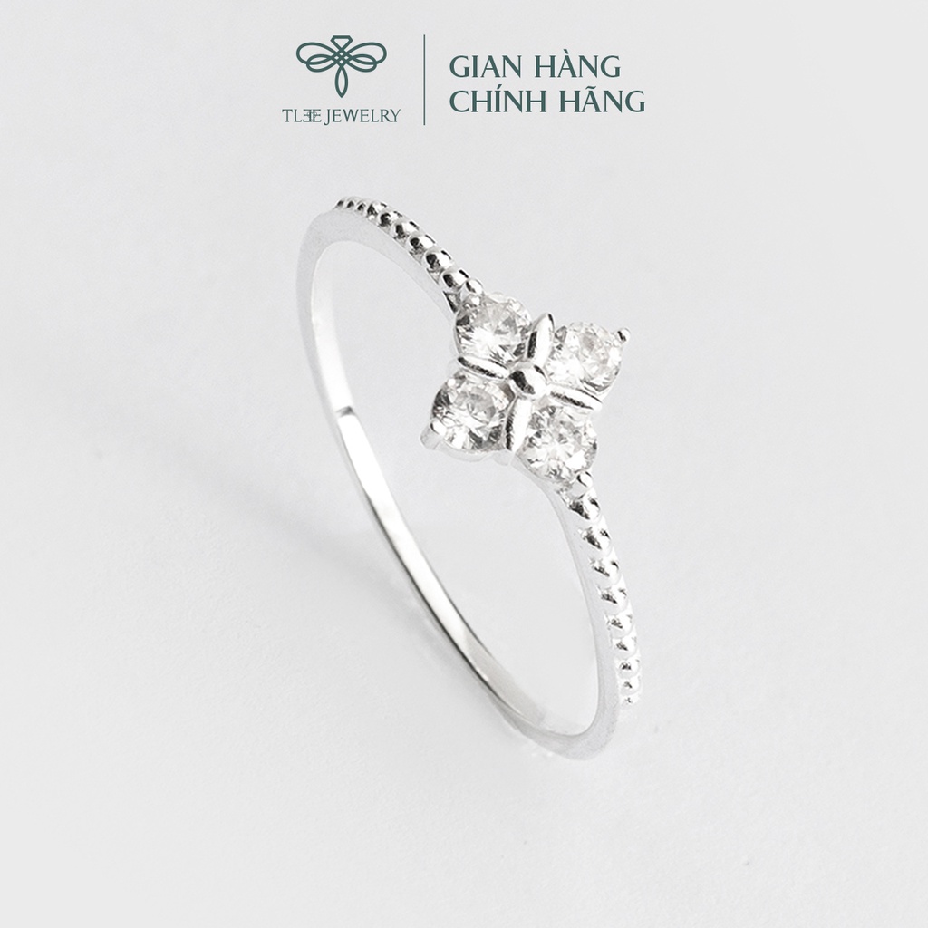 Nhẫn bạc nữ TLEE bốn lá hình thoi viền đính đá nữ tính NCJ A0195