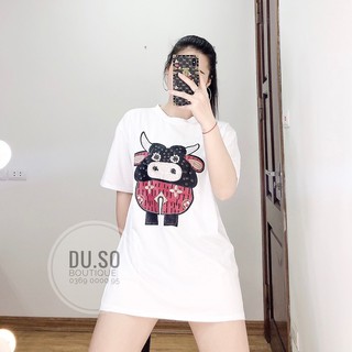 Áo thun nam nữ Unisex Áo phông Oversize Form rộng giấu quần thêu hình Trâu LV hàng QCCC DUSO 2 màu đen, trắng