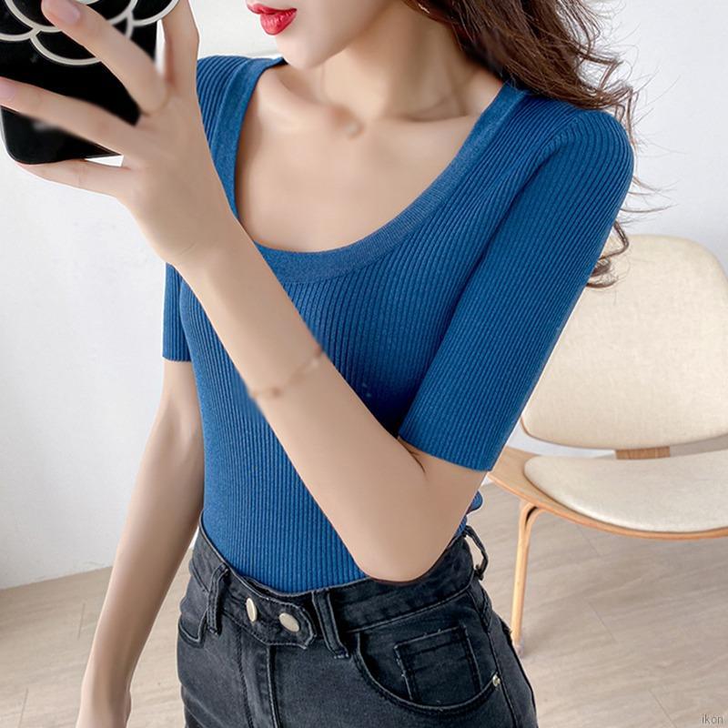 Áo thun tay ngắn cổ chữ U màu trơn thời trang Hàn Quốc dành cho nữ