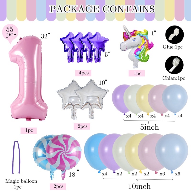 Set 55 Bong Bóng Cao Su 30 Inch Hình Kỳ Lân Trang Trí Tiệc Sinh Nhật Cho Bé