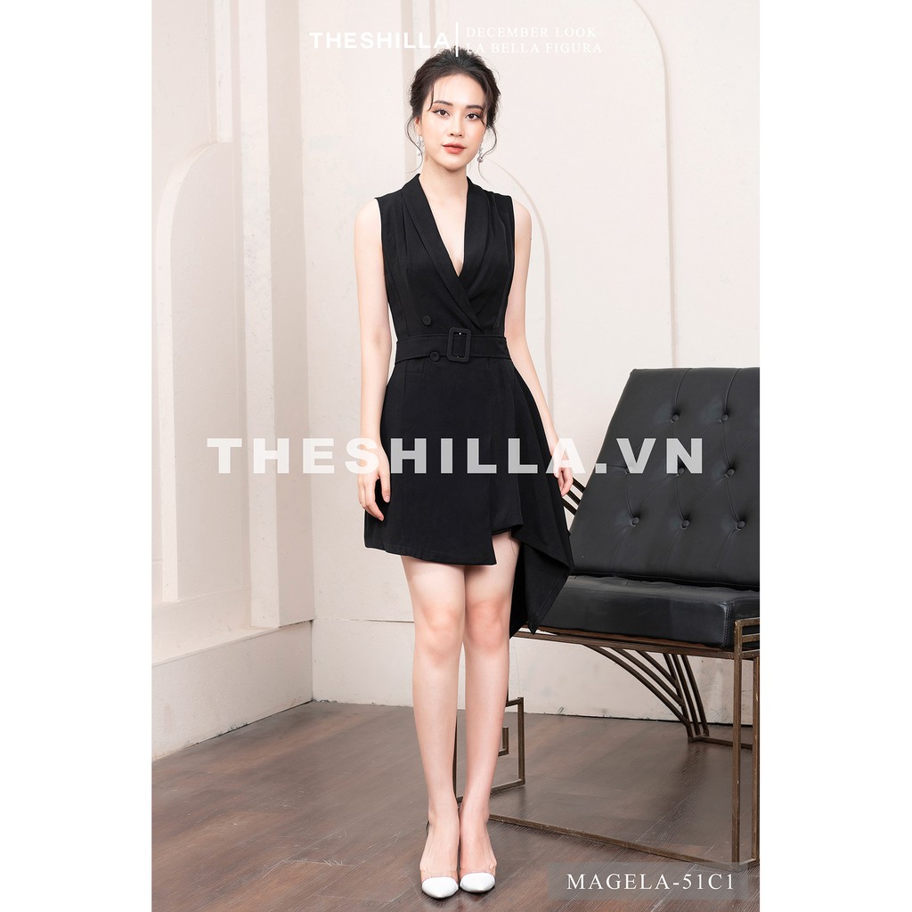 Váy thiết kế cao cấp màu đen sát nách vạt 1 bên kèm thắt lưngc [ Có video + Ảnh thật ] The Shilla - Magela-51C1