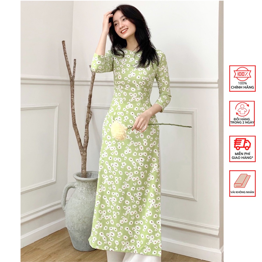 Áo Dài FOR HER Hoa Cúc Xanh Lá AD01573