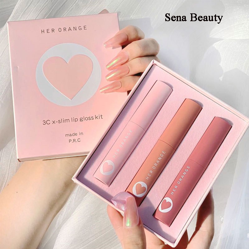 Set son kem lì 3 cây Herorange Tết vỏ hồng phấn 3Cx Slim Lip Gloss Kit Senabeauty | Thế Giới Skin Care