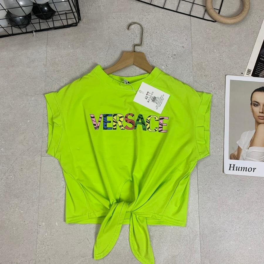 Áo Croptop nữ, áo thun croptop phong cách Hàn Quốc cổ tròn dây buộc chất cotton mịn thoáng mát  in hình VERSACER