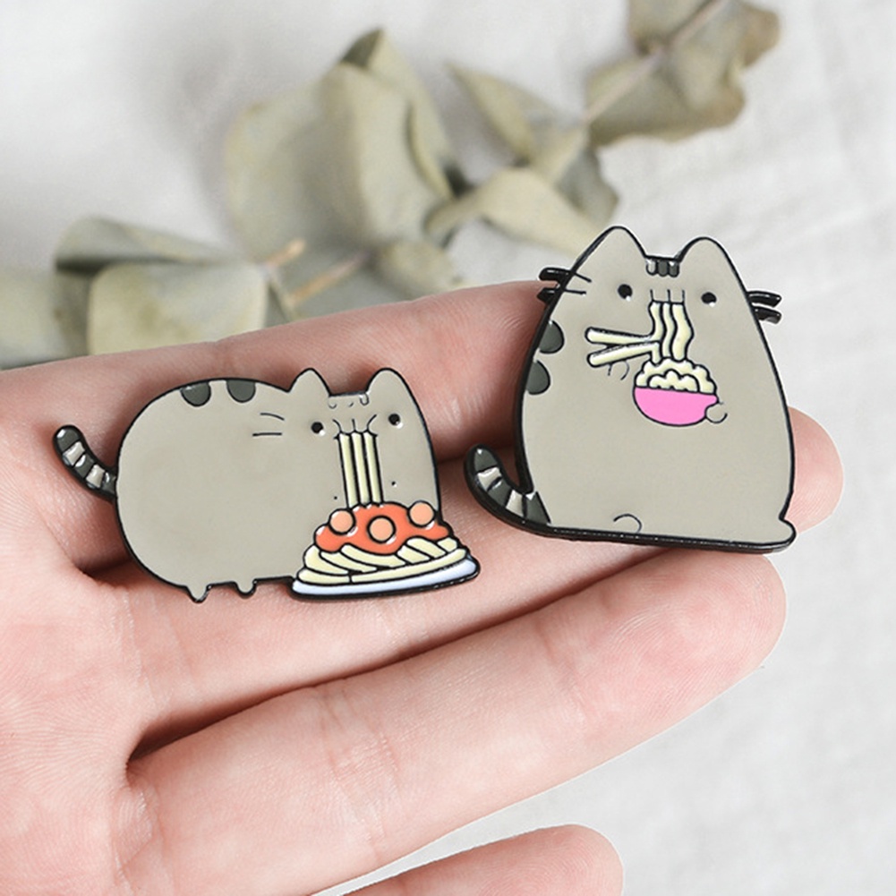 YOML✔Cute Cartoon Fat Cat Eat Noodles Enamel Brooch Pin Collar Lapel Badge Jewelry