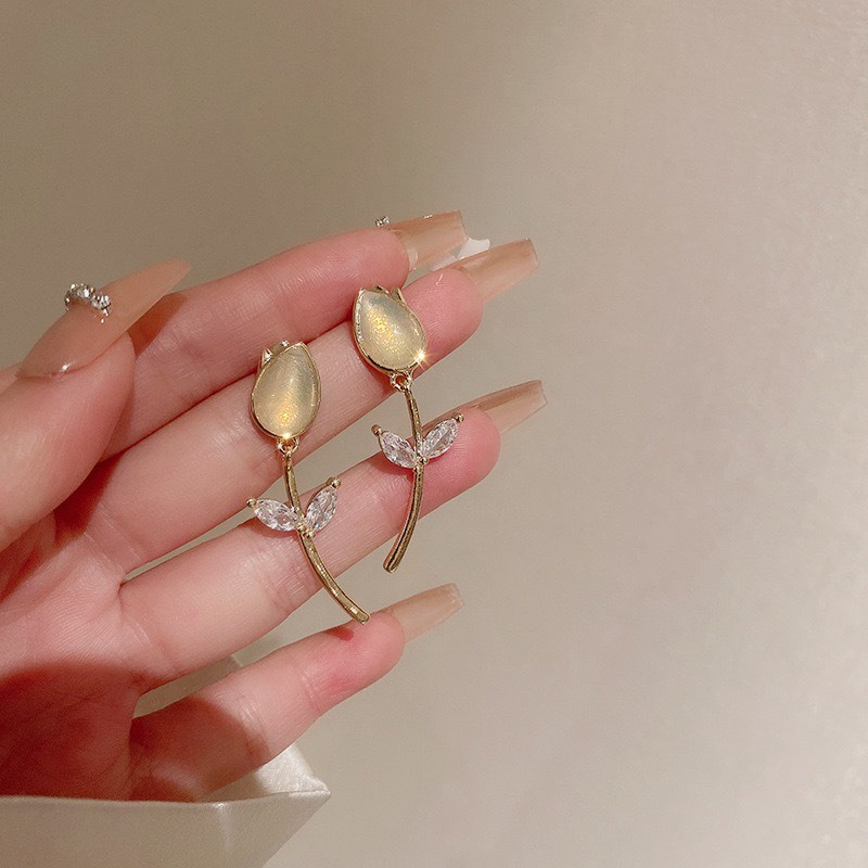 Bông Tai Mạ Bạc Hình Hoa Tulip Đính Đá Opal Sang Trọng Phong Cách Hàn Quốc