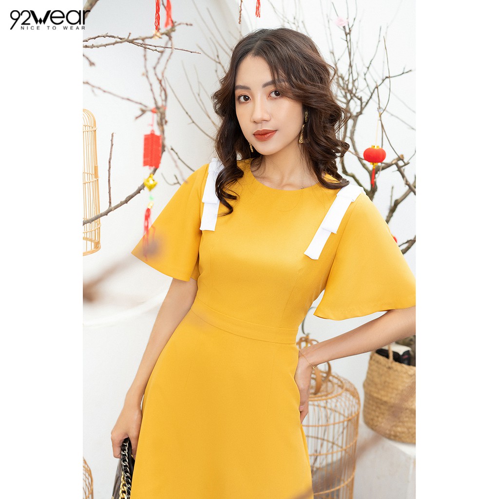 Đầm váy nữ công sở 92WEAR đủ màu, đủ size, ngắn tay phối viền ren DDW0583