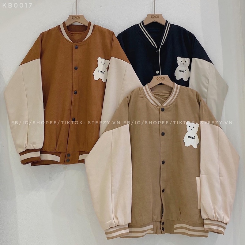Áo khoác bóng chày bomber in gấu kaki da lộn 2 lớp unisex ulzzang nam nữ