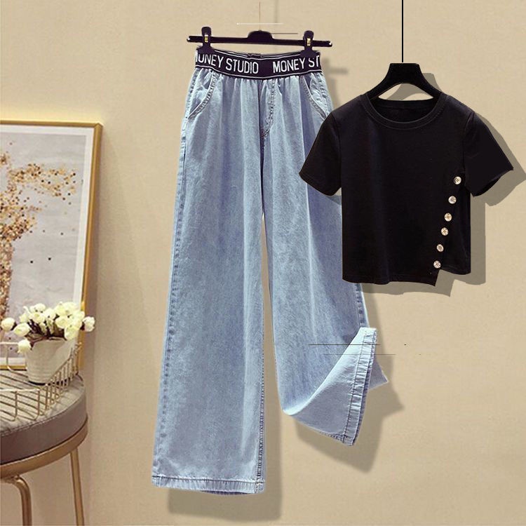 Set Áo Thun Và Quần denim Ống Rộng Thời Trang Dành Cho Nữ 2021👗Purashiersacefairy dress👚】hl21.10.5