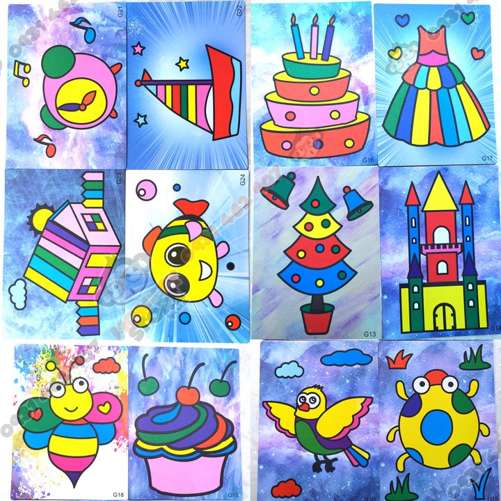 Tô tranh cát trẻ em, Bộ 12 màu 12 tranh cho bé tư duy mỹ thuật