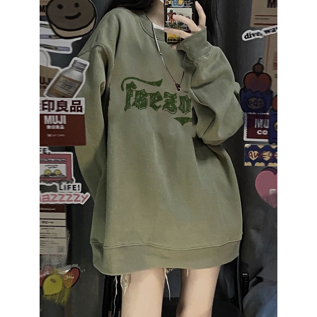 Áo Nỉ Dài Tay Form Rộng In Chữ Phong Cách Vintage Đường Phố