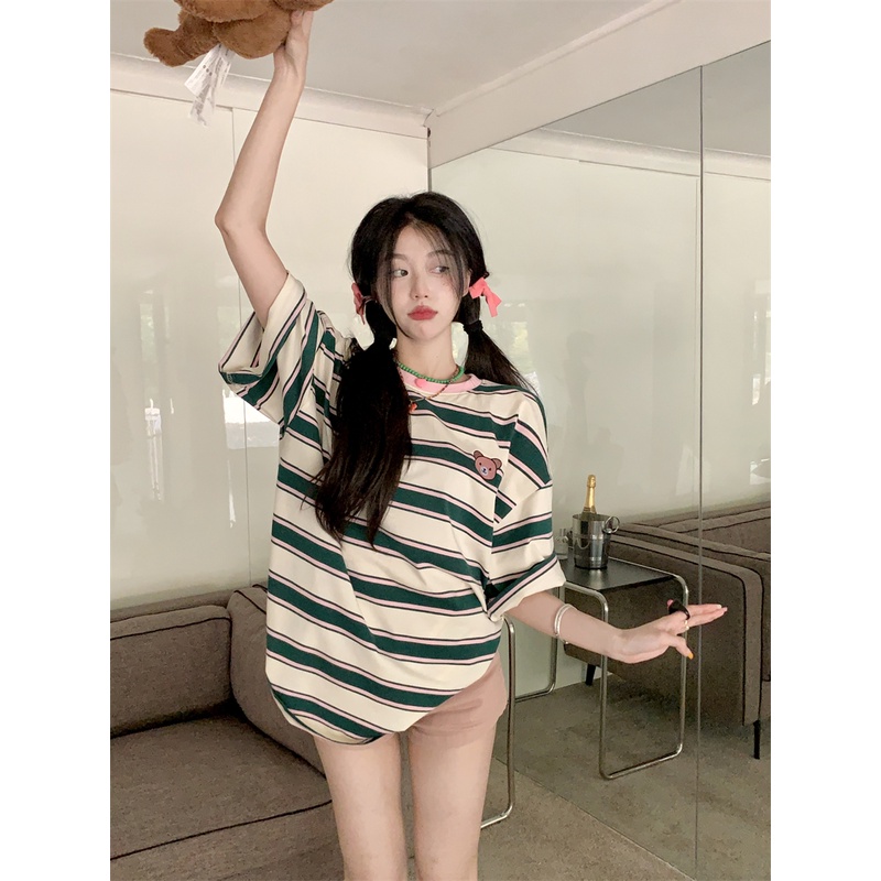 Áo Thun Cotton Cổ Tròn Dáng Rộng Thêu Hình Chú Gấu Thời Trang Hàn Quốc Dành Cho Nữ