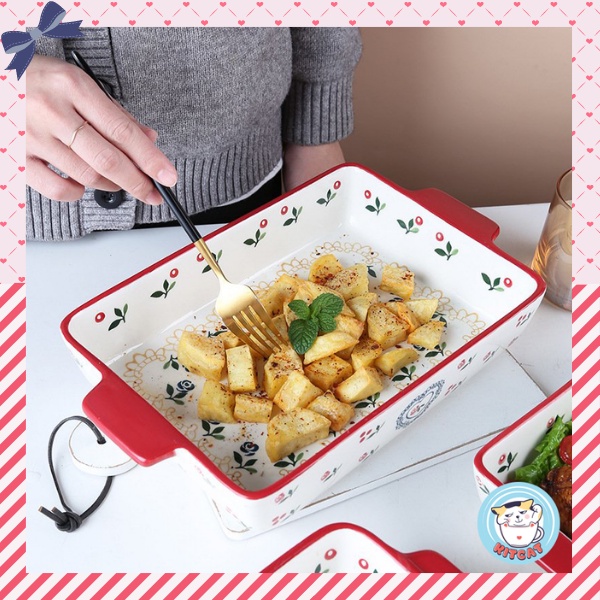 Khay nướng cỡ đại, khay nướng Cherry bằng sứ viền phẳng phong cách Nhật Bản họa tiết vẽ tay decor Hàn Quốc KITCAT STORE