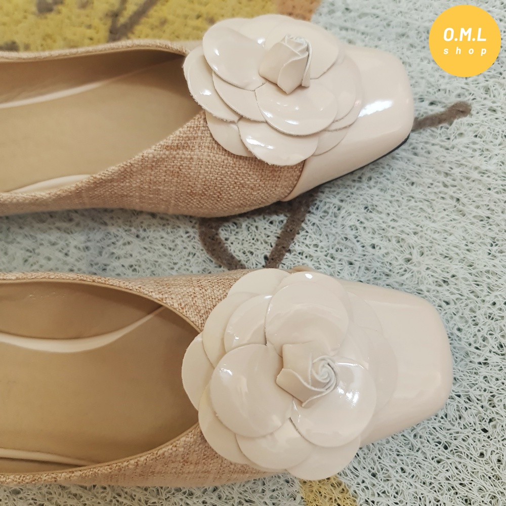 Giày búp bê hoa trà mũi vuông nữ tính, cổ điển