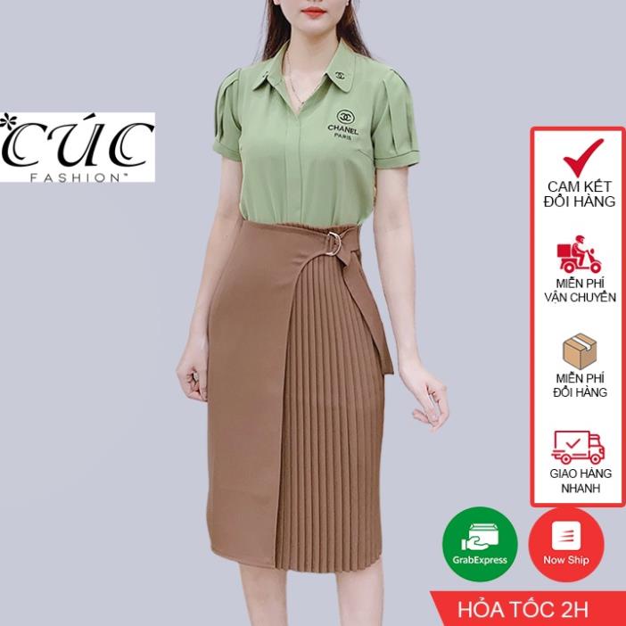 HK Chân váy xếp ly CÚC FASHION đầm nữ dáng xòe cạp cao dài qua gối công sở đẹp màu đen be dập li to móc vassar CV841