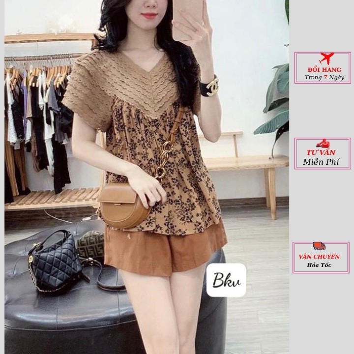 set áo kiểu cổ ren hoa nhí nâu mix quần short cạp chun chất thô mềm hotgirl thời trang yolo fashion