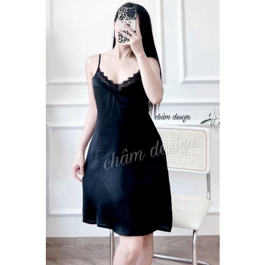 váy ngủ lụa satin dáng suông pha ren ngực , hàng thiết kế độc quyền tại shop