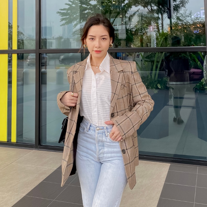 CHARLOTTE BLAZER - áo blazer kẻ thanh lịch trung tính màu nâu