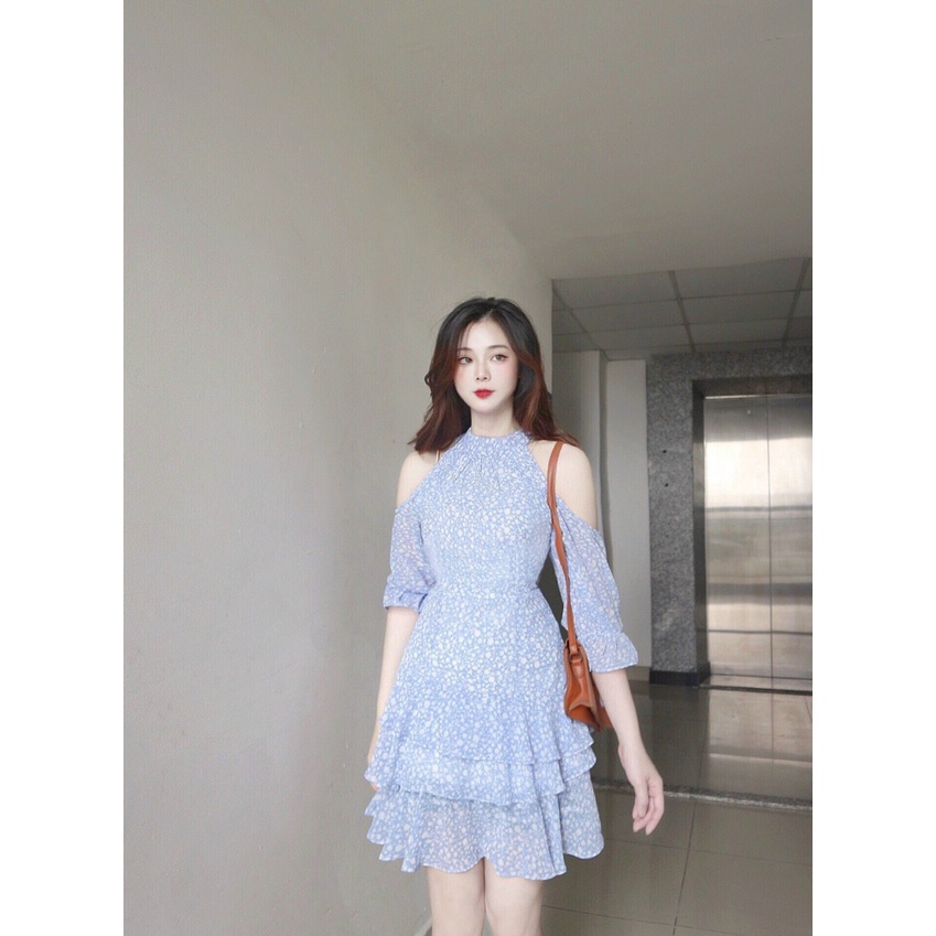 Đầm hoa nhí xanh dương khoét vai, Váy cổ yếm Cao Cấp hàng loại 1 tay dài hở vai xếp tầng, công sở dự tiệc - MiNhi