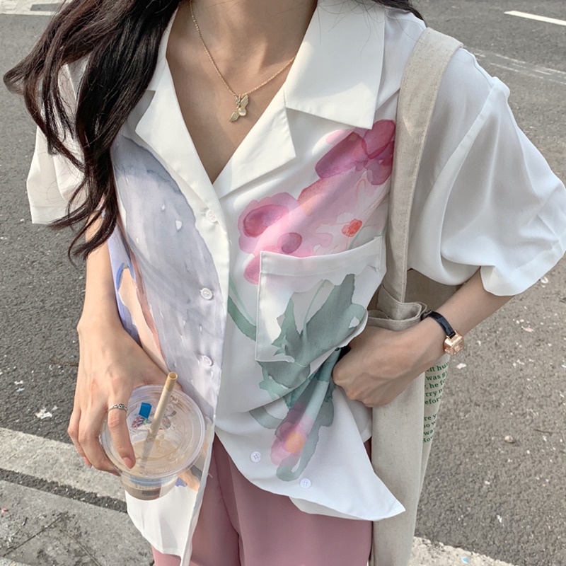 Áo Sơ Mi Tay Ngắn Họa Tiết Màu Nhuộm Thời Trang Cho Nữ