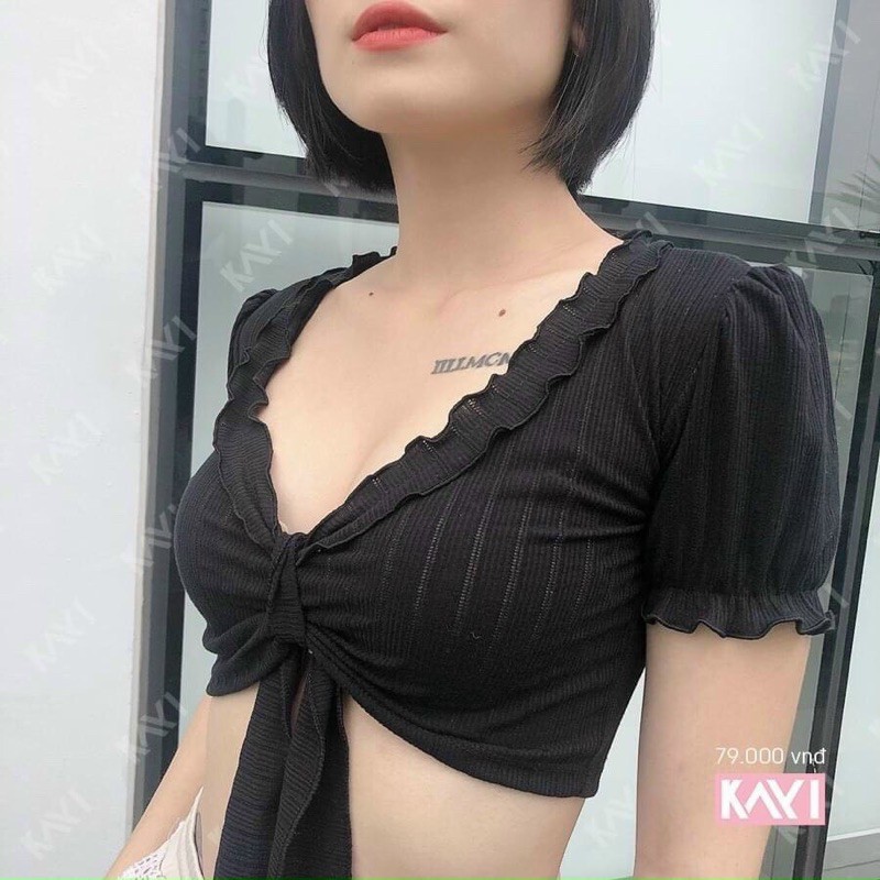 Áo croptop nữ thun gân 4 chiều cột nơ viền bèo Free Size dưới 53kg dành cho nữ cá tính sexy gợi cảm